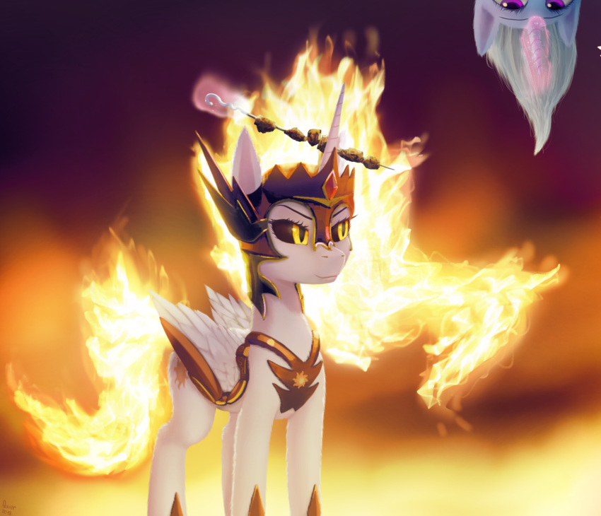 2018 armor cutie_mark daybreaker_(mlp) digital_media_(artwork) duo equine feathered_wings feathers female feral fire food friendship_is_magic hair helmet hi_res horn mammal my_little_pony quvr solo_focus trixie_(mlp) unicorn white_feathers winged_unicorn wings