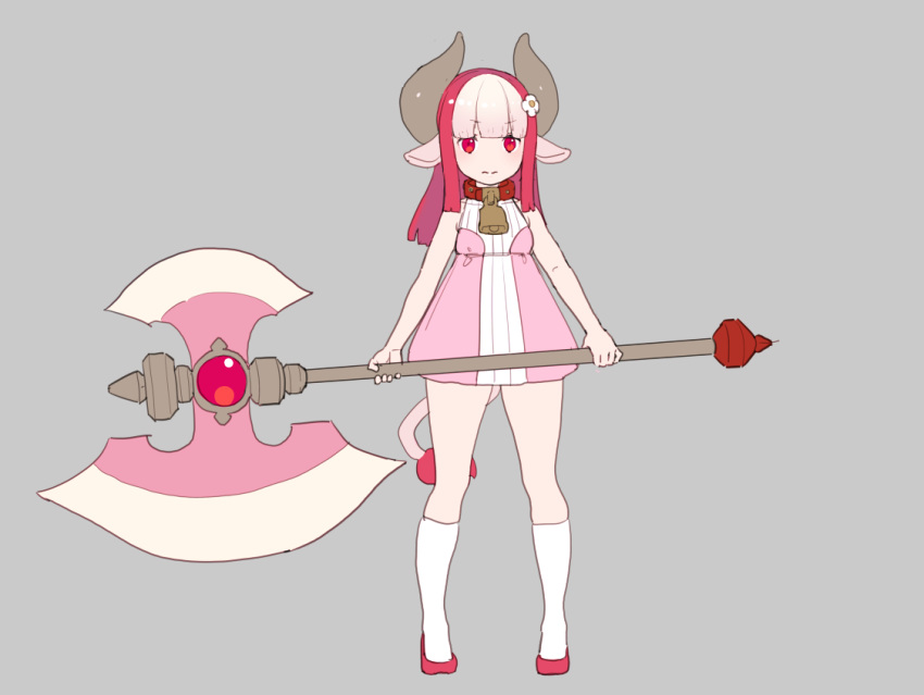 animal_ears bell collar cowgirl dress horns kneehighs loli long_hair nagisa_kurousagi original pink_hair polychromatic red_eyes tail weapon