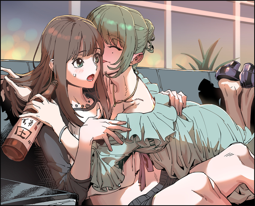 age_difference alcohol blush bottle bracelet brown_hair closed_eyes couch crop_top dress drunk eyebrows_visible_through_hair face_licking gado green_eyes green_hair hair_bun idolmaster idolmaster_cinderella_girls indoors jewelry licking long_hair lying midriff mole mole_under_eye multiple_girls necklace no_socks open_mouth raglan_sleeves sake_bottle shibuya_rin shoe_dangle short_shorts shorts sidelocks sitting sweatdrop takagaki_kaede tongue tongue_out yuri