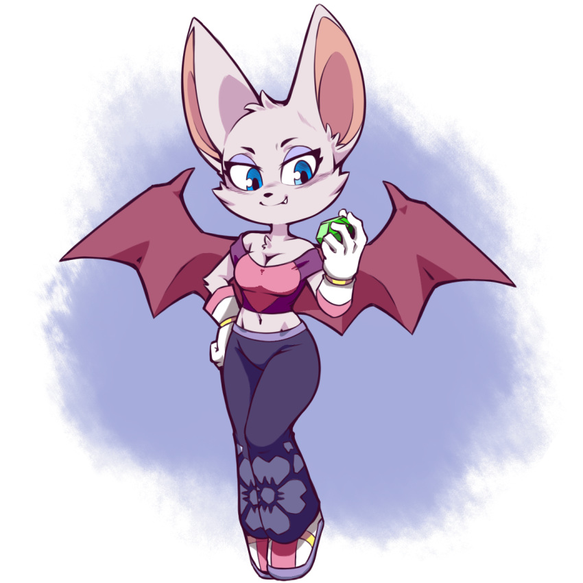 2018 anthro bat blue_eyes breasts chaos_emerald cheek_tuft chest_tuft cleavage clothed clothing cute_fangs female gloves head_tuft holding_object looking_at_viewer mammal membranous_wings midriff navel plagueofgripes rouge_the_bat short_stack simple_background smile solo sonic_(series) spread_wings standing tuft wings