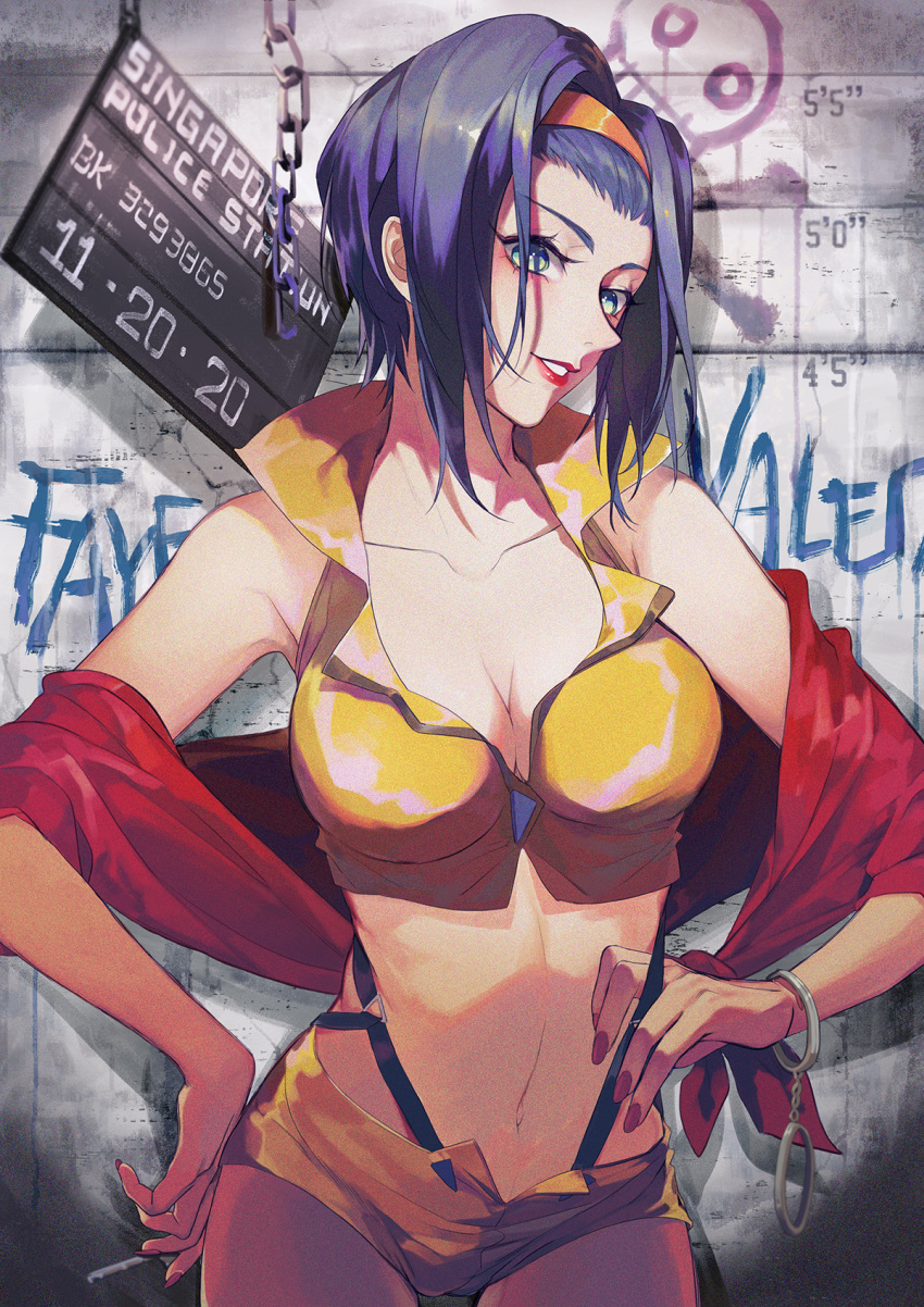 breasts cleavage cowboy_bebop cuffs faye_valentine green_eyes hairband handcuffs highres keikoku_(kujira) midriff navel purple_hair short_hair short_shorts shorts solo suspenders