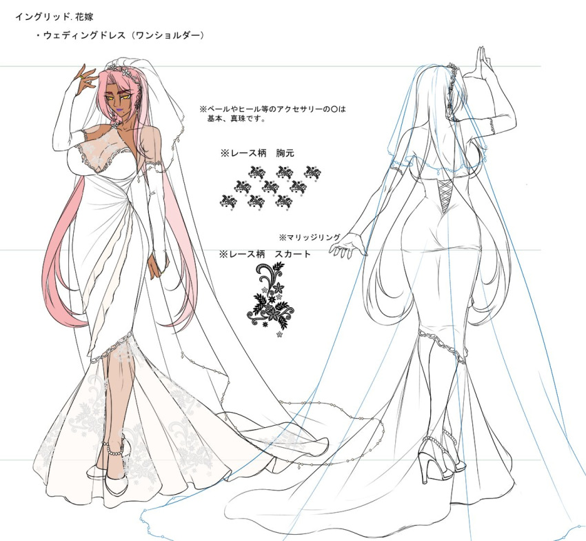 1girl ass breasts bride character_sheet cleavage dark_skin dress full_body ingrid_(taimanin_asagi) kagami_hirotaka large_breasts lilith-soft long_hair multiple_views no_bra pink_hair smile solo standing taimanin_(series) taimanin_asagi taimanin_asagi_battle_arena very_long_hair wedding_dress white_background