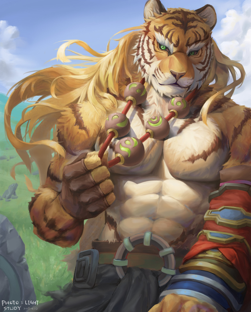 2018 abs absurd_res anthro biceps clothing digital_media_(artwork) feline fur green_eyes hi_res kemono male mammal muscular muscular_male pang pecs polarcorazon sdorica_sunset simple_background solo stripes tiger