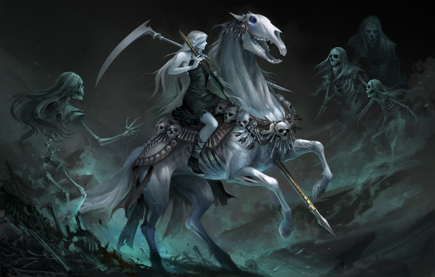 2018 5_fingers detailed_background digital_media_(artwork) equine grey_hair hair hooves horse humanoid impalement mammal melee_weapon polearm sandara scythe spear weapon