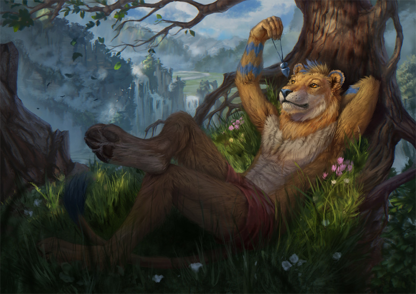 2018 5_fingers amber_eyes anthro blue_nose clothed clothing conditional_dnp day detailed_background digital_media_(artwork) feline fur grass latex_(artist) lion male mammal outside pawpads solo tan_fur topless tree