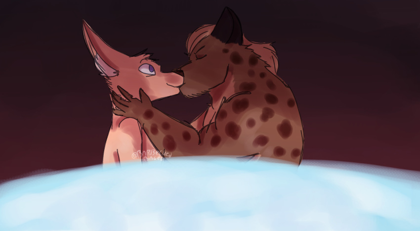 anthro barbecued_bagel canine fox hyena kissing male male/male mammal muscular swimming_pool water