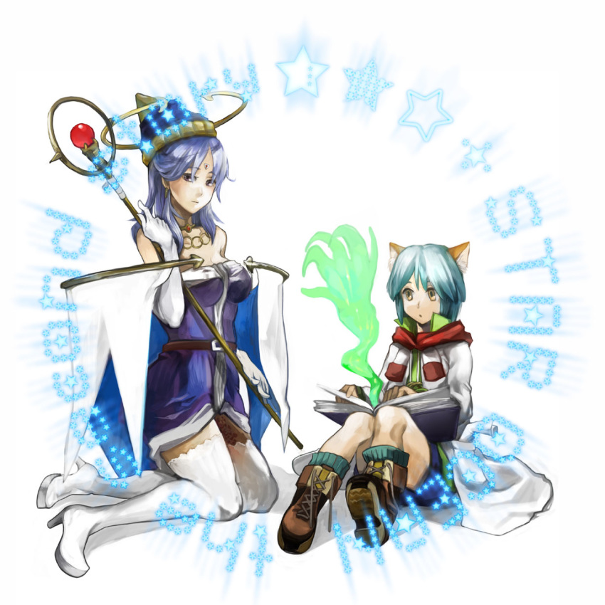 1girl animal_ears blue_hair boots breasts cat_ears celine_jules cleavage commentary_request detached_sleeves elbow_gloves gloves high_heel_boots high_heels highres legs leon_geeste long_hair oyuyamio pointy_ears short_hair skirt star_ocean star_ocean_the_second_story thighhighs weapon