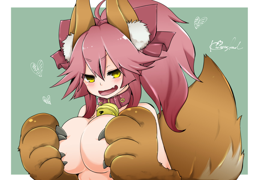 absurdres animal_ear_fluff animal_ears bell bell_collar breasts cat_paws collar collarbone convenient_censoring eyebrows_visible_through_hair fangs fate/grand_order fate_(series) fox_ears fox_tail gloves hair_ribbon heart highres jingle_bell kasagland large_breasts long_hair looking_at_viewer nude open_mouth paw_gloves paws pink_hair ponytail red_ribbon ribbon signature solo tail tamamo_(fate)_(all) tamamo_cat_(fate) topless