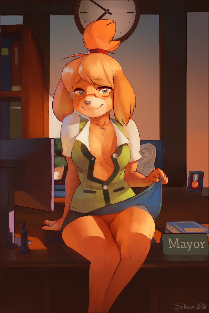 animal_crossing anthro breasts canine clothing clothing_lift dog eyewear female glasses hi_res isabelle_(animal_crossing) looking_at_viewer mammal nintendo office shih_tzu sitting skirt skirt_lift solo sy_noon video_games