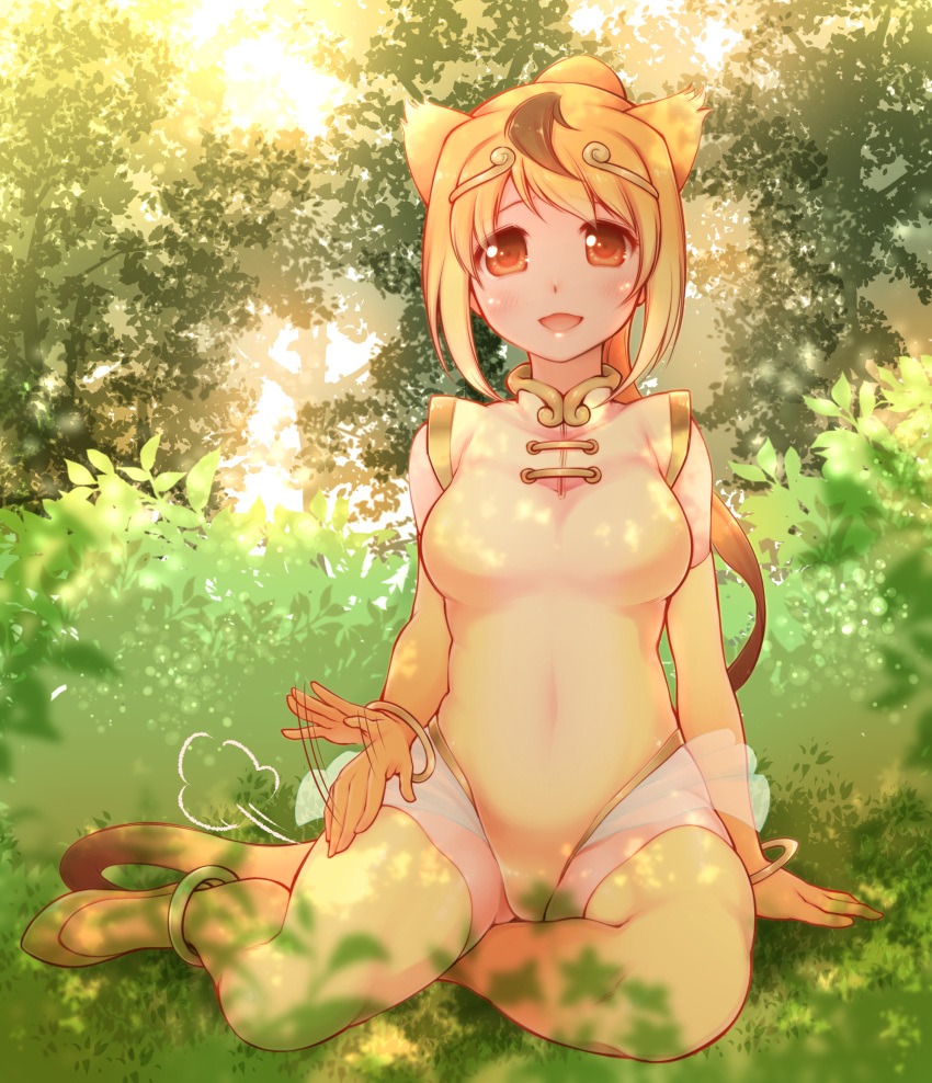 :d =3 animal_ears arakawa_tarou blush bracelet brown_hair bush circlet commentary_request day elbow_gloves full_body gloves golden_snub-nosed_monkey_(kemono_friends) highleg highleg_leotard highres invitation jewelry kemono_friends lap_pillow_invitation leotard long_hair looking_at_viewer monkey_ears monkey_tail multicolored_hair nature on_ground open_mouth outdoors ponytail sitting smile solo sweat tail tree yellow_gloves yellow_legwear yellow_leotard yokozuwari