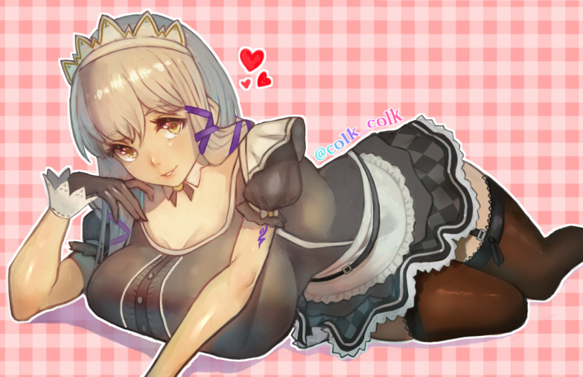 brown_eyes brown_legwear clair_lasbard colk gloves heart huge_breasts long_hair lying maid maid_headdress on_side parted_lips skindentation skirt smile star_ocean star_ocean_anamnesis thighhighs twisted_torso twitter_username white_hair