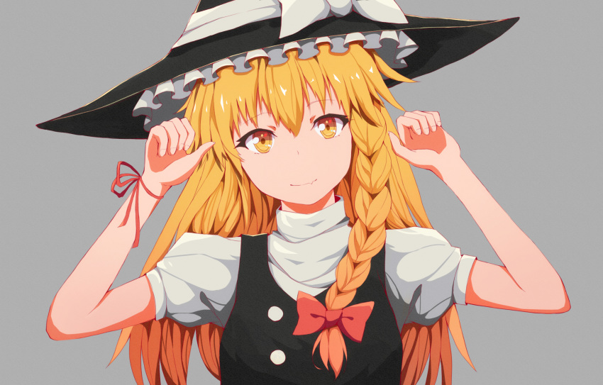 blonde_hair bow braids close fang gray hat kirisame_marisa long_hair ribbons touhou witch_hat wristwear yang_zheng_yu yellow_eyes