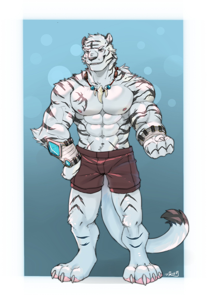 2018 abs absurd_res anthro biceps clothing digital_media_(artwork) feline fur hi_res male mammal muscular muscular_male nipples pecs shorts simple_background stripes tattoo ten28091589 tiger white_fur white_tiger