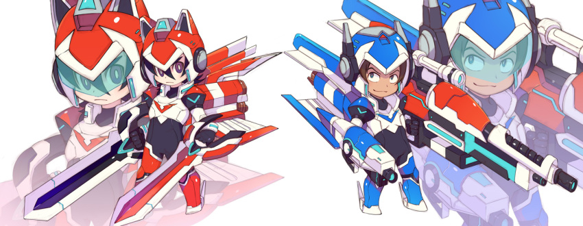 aka-jishi ao-jishi black_eyes black_hair blue_eyes boots bright_pupils brown_hair chibi closed_mouth dark_skin dark_skinned_male dual_wielding english full_body helmet holding hyakujuu-ou_golion keith_(voltron) lance_(voltron) looking_at_viewer male_focus mecha_danshi miyata_(lhr) multiple_boys red_hair simple_background smile sword visor voltron:_legendary_defender weapon white_background zoom_layer