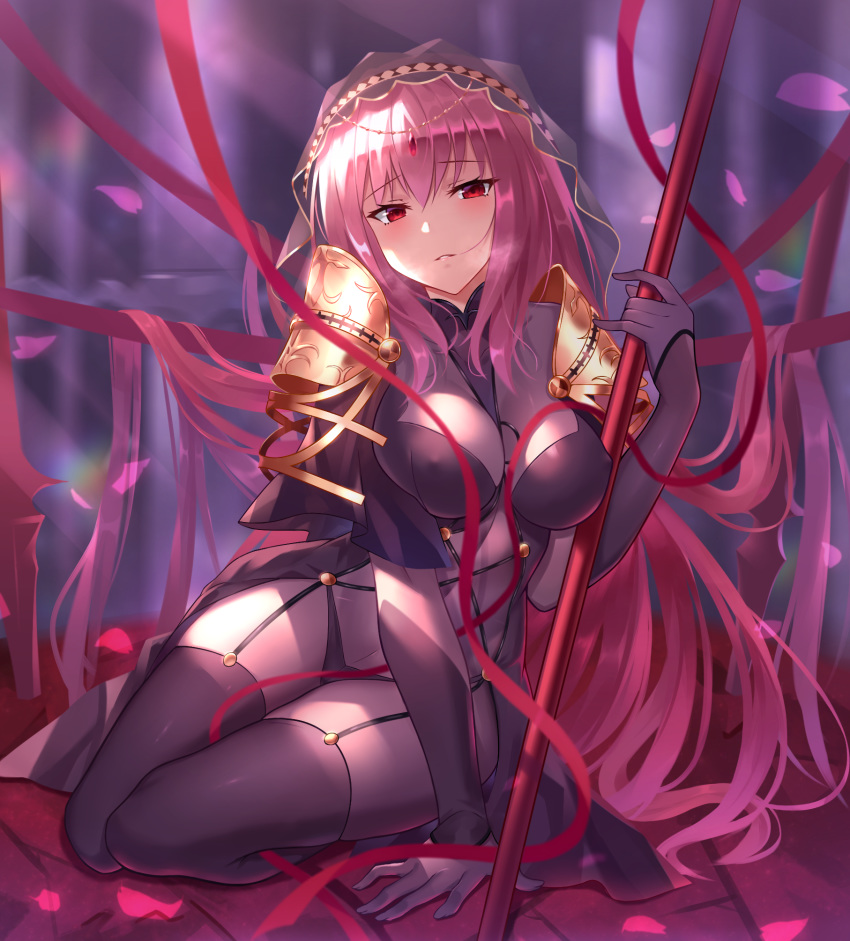 bangs black_fire_(peter02713) blush bodysuit breasts capelet circlet commentary_request fate/grand_order fate_(series) forehead_jewel gae_bolg hair_between_eyes highres hips large_breasts lighting long_hair looking_at_viewer parted_lips pauldrons petals polearm purple_bodysuit purple_hair red_eyes red_ribbon ribbon scathach_(fate)_(all) scathach_(fate/grand_order) sitting smile solo spear thighs veil weapon