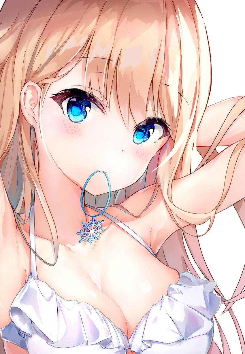 absurdres bangs blonde_hair blue_eyes blush breasts cleavage dana_(hapong07) eyebrows_visible_through_hair girls_frontline hair_between_eyes hair_ornament hands_in_hair highres long_hair looking_at_viewer medium_breasts mouth_hold shiny shiny_skin simple_background snowflake_hair_ornament solo suomi_kp31_(girls_frontline) upper_body white_background white_bikini_bottom