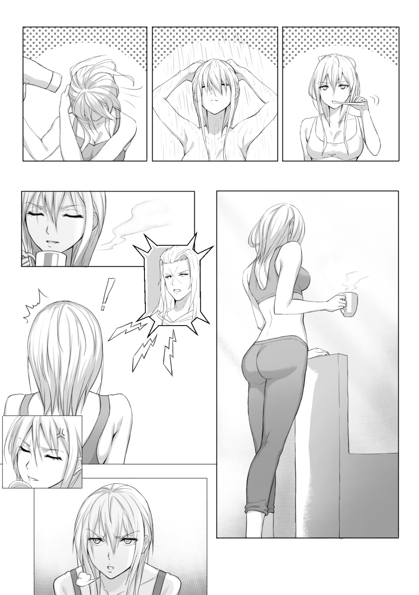 /\/\/\ 1boy 1girl anger_vein antenna_hair arms_up ass bangs bare_shoulders bra breasts brushing_teeth cleavage closed_eyes collarbone comic cup drying drying_hair eyebrows_visible_through_hair gogo_(detteiu_de) greyscale hair_between_eyes hair_dryer highres holding holding_cup kingdom_hearts larxene long_hair medium_breasts monochrome motion_lines mug nude open_mouth pants saix showering silent_comic solo_focus sports_bra standing toothbrush underwear v-shaped_eyebrows water wet wet_hair