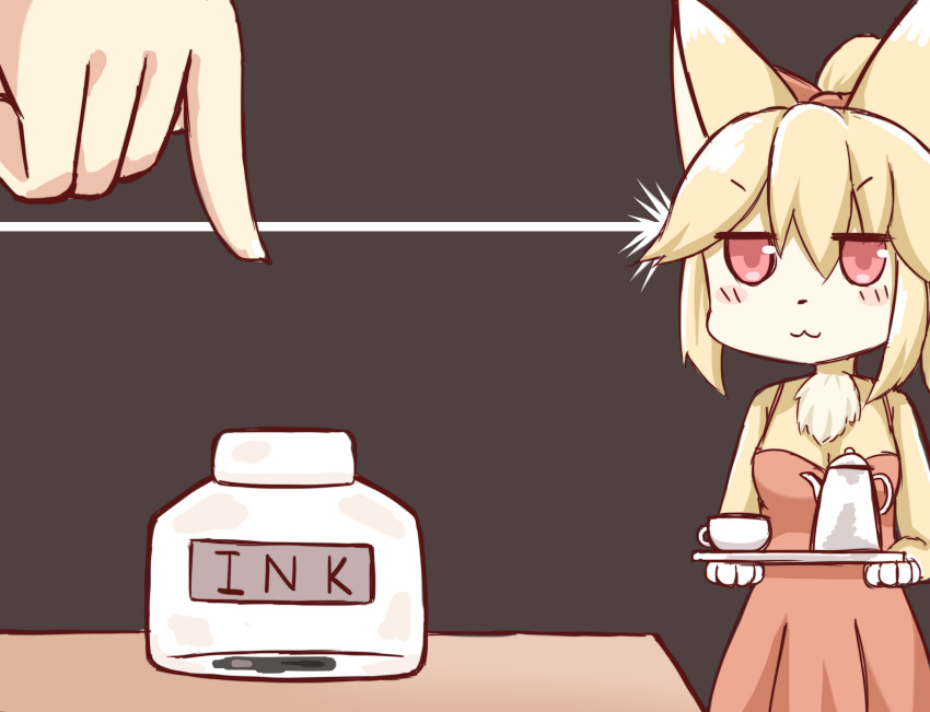 :3 blonde_hair bow brown_background cup dress eyebrows_visible_through_hair furry greenteaneko hair_bow highres holding ink_bottle jitome multiple_girls newtype_flash orange_bow original pink_dress pointing red_eyes simple_background smug teacup teapot