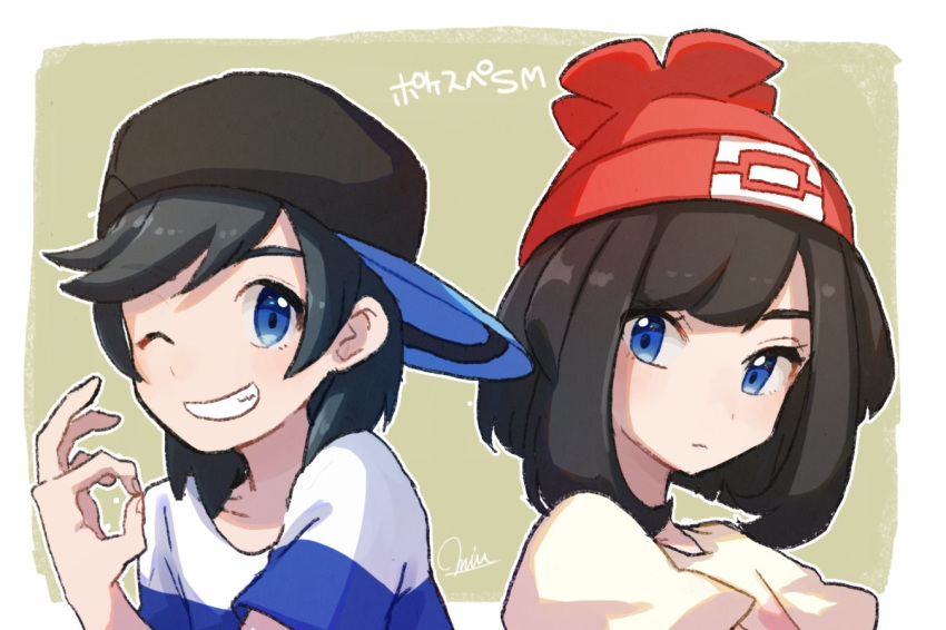 1girl baseball_cap beanie black_hair blue_eyes commentary grin hat miu_(miuuu_721) moon_(pokemon) one_eye_closed outline pokemon pokemon_(game) pokemon_sm pokemon_special red_hat short_hair short_sleeves sideways_hat smile sun_(pokemon) white_outline