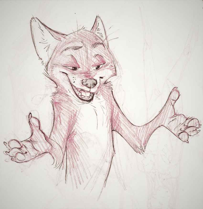 2018 anthro canine claws disney fox half-closed_eyes half-length_portrait inner_ear_fluff male mammal monoflax nick_wilde nude pawpads portrait shrug simple_background smile smirk solo white_background zootopia