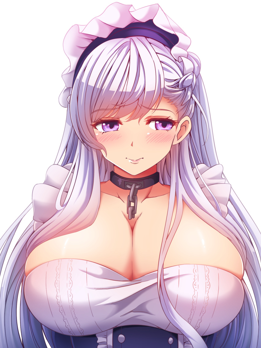 azur_lane bangs belfast_(azur_lane) blue_eyes blush braid breasts chain cleavage collar collarbone commentary corset dress eyebrows_visible_through_hair french_braid frills highres large_breasts long_hair looking_away maid maid_headdress seraphina silver_hair smile solo transparent_background underbust upper_body