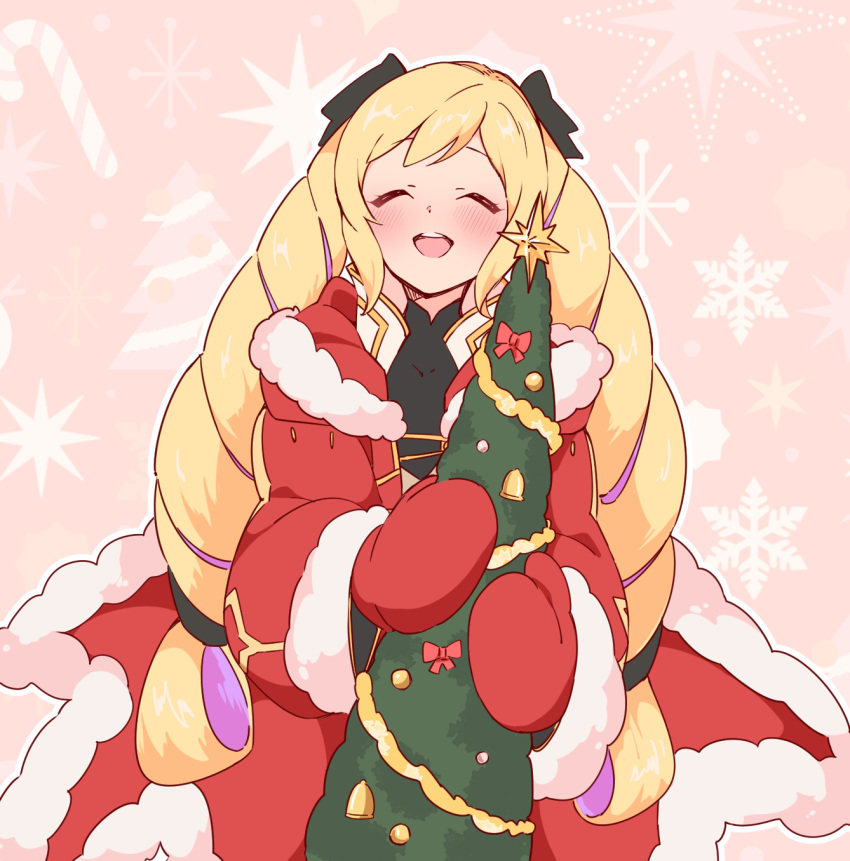 bad_id bad_twitter_id black_bow blonde_hair blush bow christmas_tree closed_eyes commentary_request cosplay elise_(fire_emblem_if) fire_emblem fire_emblem:_kakusei fire_emblem_heroes fire_emblem_if fur_trim hair_bow highres hood hood_down konagona long_hair long_sleeves male_my_unit_(fire_emblem:_kakusei) mittens multicolored_hair my_unit my_unit_(cosplay) my_unit_(fire_emblem:_kakusei) open_mouth purple_hair red_mittens santa_costume solo twintails