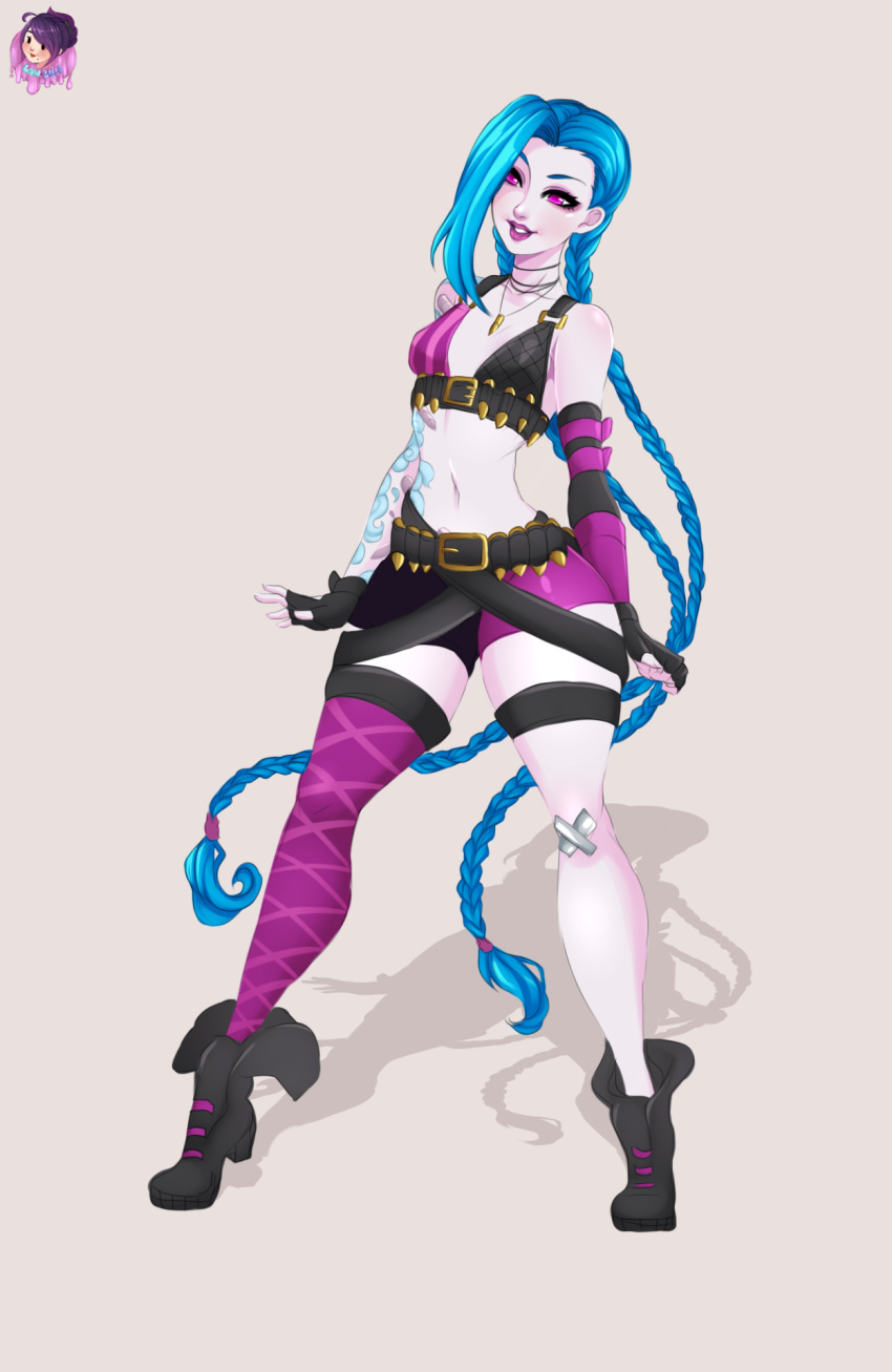 1girl bandaid bandaid_on_knee belt belt_buckle blue_hair boots braid buckle bullet bullet_necklace elbow_gloves full_body gloves hair_over_one_eye jinx_(league_of_legends) lawzilla league_of_legends lipstick long_hair looking_at_viewer pink_eyes short_shorts shorts single_elbow_glove single_thighhigh solo stomach tattoo thigh_strap thighhighs twin_braids very_long_hair