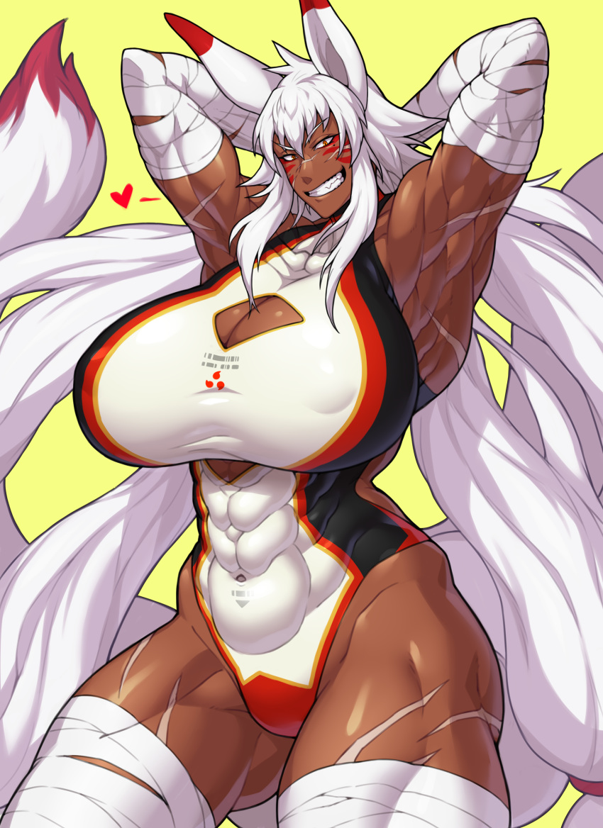 2_tails abs animal_humanoid bandage beauty_mark big_breasts big_ears breasts brown_skin cleavage cleavage_cutout clothed clothing dantera_rina dantera_zena dipstick_tail face_paint facial_scar female grin hair huge_breasts huge_muscles humanoid hutago long_hair mammal mole_(marking) multi_tail multicolored_tail muscular muscular_female navel nipple_bulge one-piece_swimsuit raised_arm scar slit_pupils smile solo swimsuit tiny_head white_hair yellow_eyes