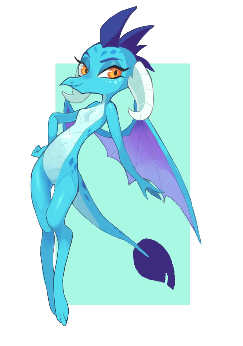 2018 blue_scales breasts cute cyan_background dragon eyebrows eyelashes eyeshadow female flat_chested friendship_is_magic hi_res horn ikirunosindo looking_at_viewer makeup mascara membranous_wings my_little_pony nude orange_eyes portrait pose princess_ember_(mlp) scales scalie simple_background slit_pupils smile solo thick_tail two_tone_background white_background wings