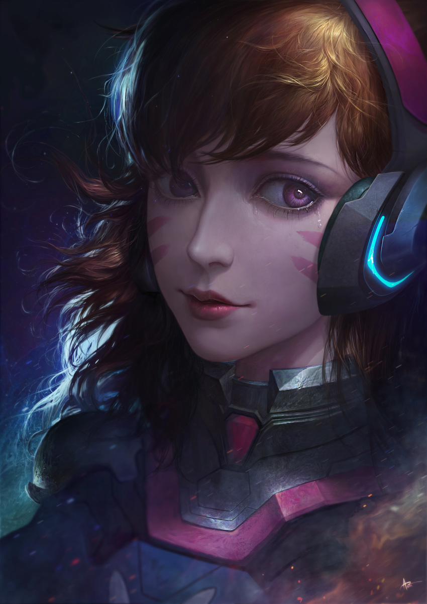 absurdres alternate_eye_color animal_print bangs blue_bodysuit bodysuit breasts brown_hair bunny_print commentary crying crying_with_eyes_open d.va_(overwatch) english_commentary eyelashes facepaint facial_mark headphones high_collar highres joo_yann_ang light_smile long_hair looking_away nose overwatch parted_lips pauldrons pilot_suit pink_lips purple_eyes ribbed_bodysuit shoulder_pads signature skin_tight solo tears turtleneck upper_body whisker_markings