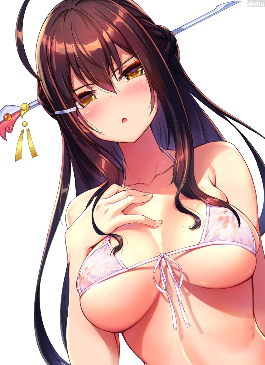 absurdres ahoge ara_han artist_name bikini_top blush breasts brown_hair chestnut_mouth cleavage commentary_request covered_nipples dobunezumi dutch_angle elsword eyeliner front-tie_bikini front-tie_top hair_between_eyes hair_ornament hair_stick hand_on_own_chest highres large_breasts makeup sakra_devanam_(elsword) see-through shiny shiny_skin sideboob sidelocks simple_background skindentation solo underboob upper_body white_bikini_top yellow_eyes