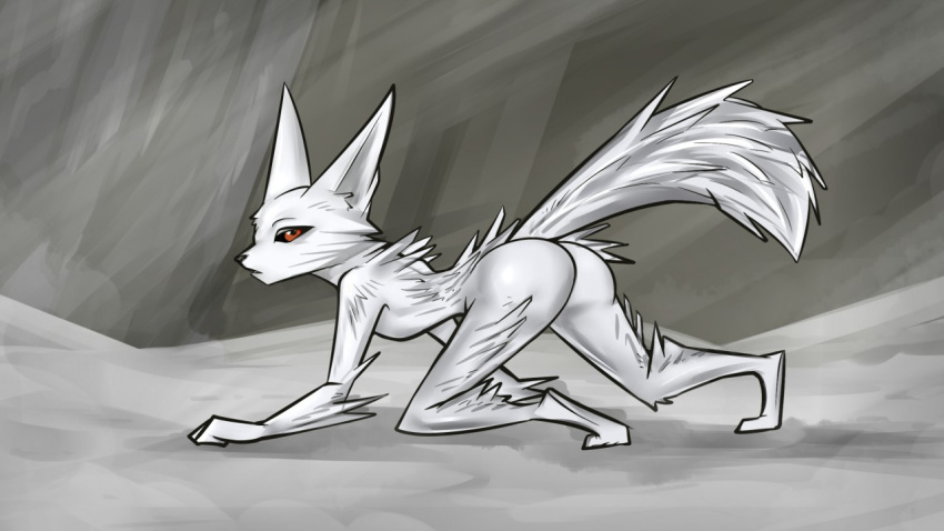 all_fours anthro black_sclera butt canine female fluffy fox fur looking_at_viewer looking_back mammal nude orange_eyes outside raised_tail solo star_wars vulptex white_fur zinnick