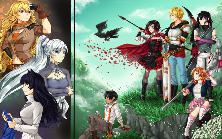5girls animal_ears belt bird black_gloves black_hair blake_belladonna blonde_hair blue_eyes blue_pants boots breast_hold breastplate breasts bridal_gauntlets cape cat_ears cleavage_cutout crescent_rose crocea_mors_(rwby) cross-laced_footwear crossed_arms crow dark_skin dark_skinned_male dress fingerless_gloves gloves gradient_hair grass hammer insertsomthinawesome jaune_arc lace-up_boots lie_ren long_hair magnhild midriff multicolored_hair multiple_boys multiple_girls nora_valkyrie orange_hair oscar_pine over_shoulder pants pink_skirt profile purple_eyes purple_hair red_cape red_hair ruby_rose rwby scythe shading_eyes short_hair side_ponytail skirt smile streaked_hair suspenders sword thighhighs torn_clothes torn_legwear weapon weapon_over_shoulder weiss_schnee white_footwear white_pants yang_xiao_long yellow_eyes