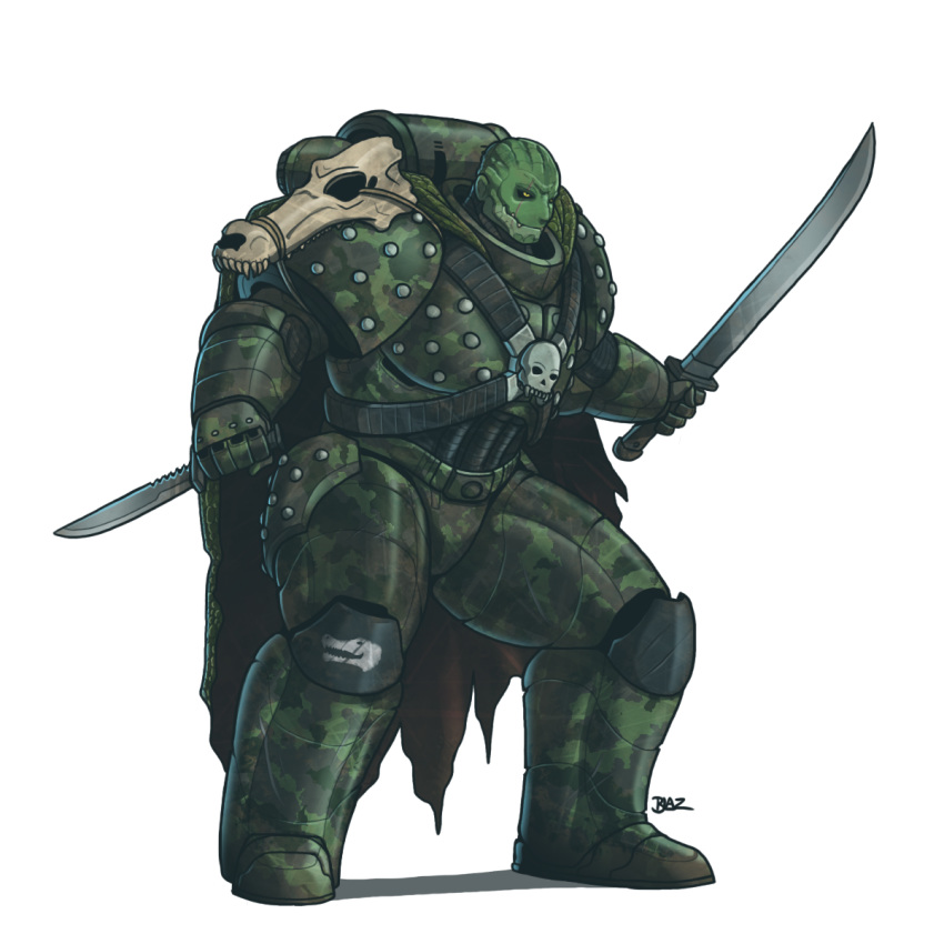 alligator anthro armor blazbaros cape cloak clothing crocodile crocodilian dual_wielding fangs holding_object holding_weapon humanoid humanoid_hands knife machete machine male melee_weapon power_armor reptile scales scalie scar sharp_teeth skull solo standing straps studs sword symbol teeth torn_clothing warhammer_(franchise) weapon