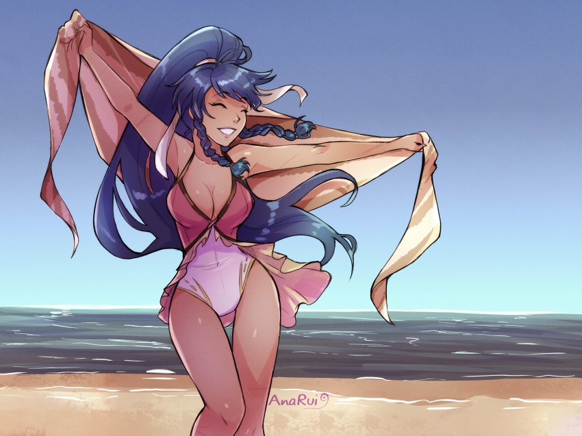 ana_rui beach blue_eyes blue_hair blush braid breasts day fire_emblem fire_emblem:_seima_no_kouseki fire_emblem_heroes highres long_hair one-piece_swimsuit open_mouth pegasus_knight ponytail smile solo swimsuit tana towel twin_braids water