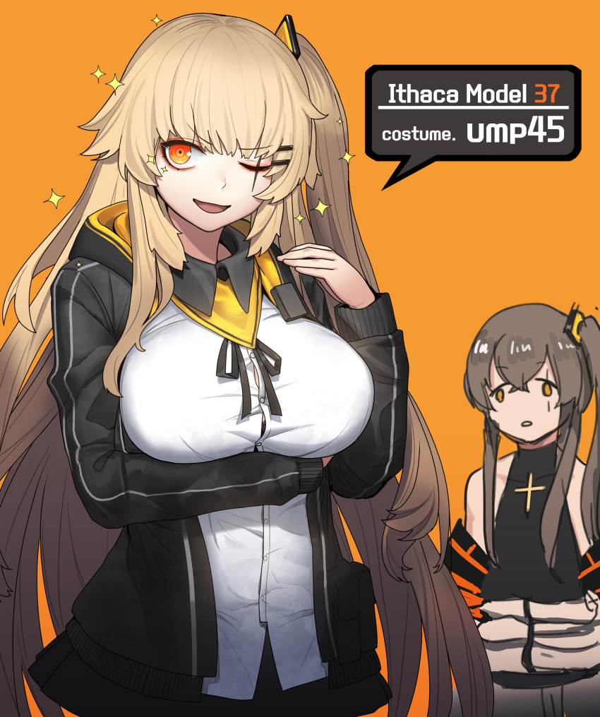 :d bangs black_ribbon black_skirt blush breast_envy breasts brown_hair cain_(gunnermul) character_name cleavage collarbone commentary cosplay costume_switch eyebrows_visible_through_hair face_of_the_people_who_sank_all_their_money_into_the_fx fingerless_gloves flat_chest girls_frontline gloves hair_between_eyes hair_ornament hairclip highres hood hood_down hooded_jacket ithaca_m37_(girls_frontline) ithaca_m37_(girls_frontline)_(copslay) jacket large_breasts long_hair looking_at_viewer multiple_girls neck_ribbon off_shoulder one_eye_closed one_side_up open_clothes open_jacket open_mouth orange_eyes ribbon scar scar_across_eye scarf shirt simple_background skirt smile sparkle ump45_(girls_frontline) ump45_(girls_frontline)_(cosplay) very_long_hair white_shirt yellow_background yellow_eyes