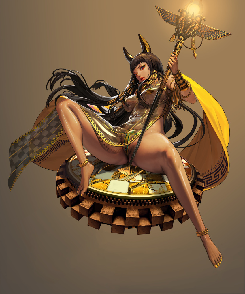 absurdres animal_ears ankh bangs bare_legs barefoot black_hair blunt_bangs breasts cleopatra_(destiny_child) covered_nipples dark_skin destiny_child egyptian egyptian_clothes eyebrows eyelashes eyeliner eyeshadow full_body gold_trim hieroglyphics highres jackal_ears jewelry large_breasts legs lips long_hair looking_at_viewer makeup mascara nail_polish nightmadness partially_visible_vulva realistic see-through shiny shiny_hair solo source_request staff third-party_source toenail_polish very_long_hair yellow_eyeshadow yellow_nails