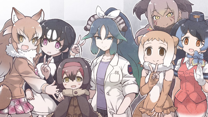 :d animal_ears black_hair blue_hair blue_neckwear bow bowtie breast_pocket brown_eyes brown_gloves brown_hair collarbone collared_shirt commentary_request dodo_(kemono_friends) ear_piercing elbow_gloves empty_eyes extra_ears eyebrows_visible_through_hair facepaint fang fingerless_gloves fur_collar gloves gradient_hair great_auk_(kemono_friends) green_hair hair_between_eyes hair_ribbon hairband hand_in_pocket hat head_wings hug impossible_clothes impossible_shirt japanese_otter_(kemono_friends) japanese_wolf_(kemono_friends) japari_symbol japari_symbol_print kako_(kemono_friends) kemono_friends labcoat long_hair long_sleeves looking_at_viewer miniskirt mojibake_commentary multicolored_hair multiple_girls north_island_giant_moa_(kemono_friends) open_mouth orange_eyes otter_ears otter_tail passenger_pigeon_(kemono_friends) pen_in_pocket pencil_skirt piercing pink_hair plaid plaid_neckwear plaid_skirt pleated_skirt pocket purple_eyes red_vest ribbon sailor_collar shirt short_sleeves skirt sleeveless sleeveless_shirt smile spotted_hair tail tanaka_kusao tareme thighhighs tsurime two-tone_hair v vest white_gloves white_hair white_ribbon wolf_ears yellow_eyes zettai_ryouiki