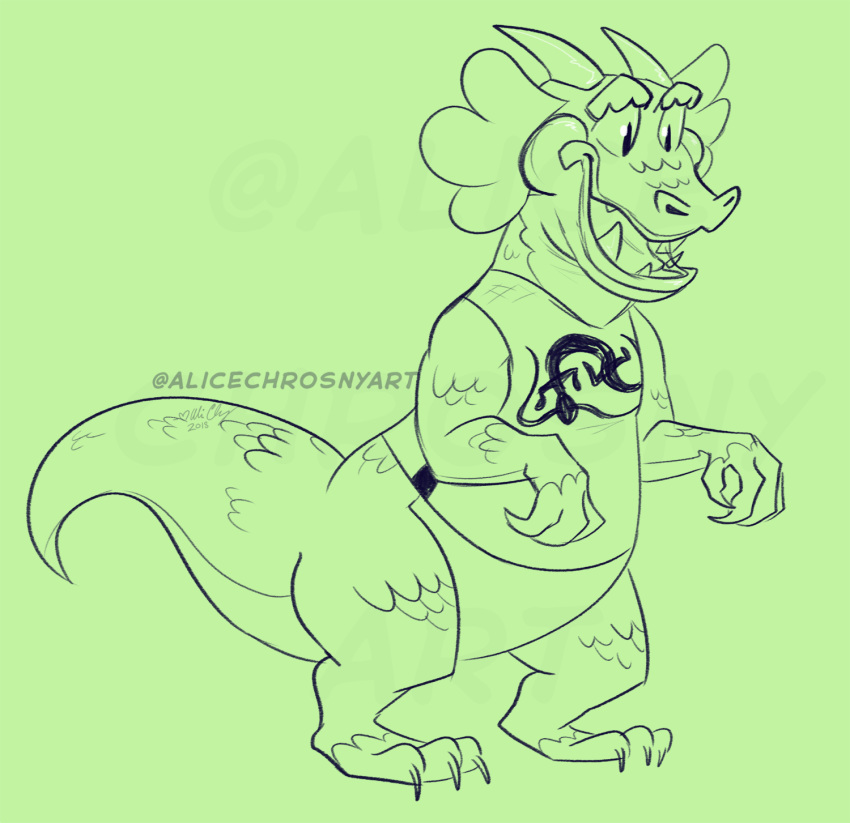 2018 3_fingers 3_toes alice_chrosny animal_crossing anthro biped bottomless claws clothed clothing digital_drawing_(artwork) digital_media_(artwork) digitigrade drago_(animal_crossing) dragon ear_frills featureless_crotch frill green_and_white green_background happy horn long_tail male monochrome nintendo open_mouth open_smile overweight overweight_male scales scalie sharp_teeth shirt side_view simple_background slit_pupils smile snout solo tank_top teeth toe_claws toes toony video_games