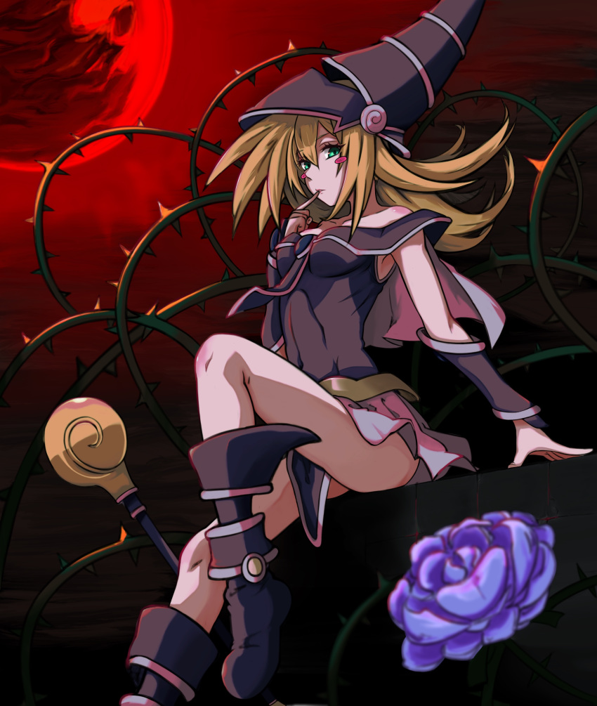 absurdres bare_shoulders blonde_hair blue_footwear blush_stickers boots breasts choker cleavage commentary_request dark_magician_girl duel_monster flower green_eyes hat highres long_hair moon pentacle shot_(shot0598) solo staff wand wizard_hat yuu-gi-ou yuu-gi-ou_duel_monsters