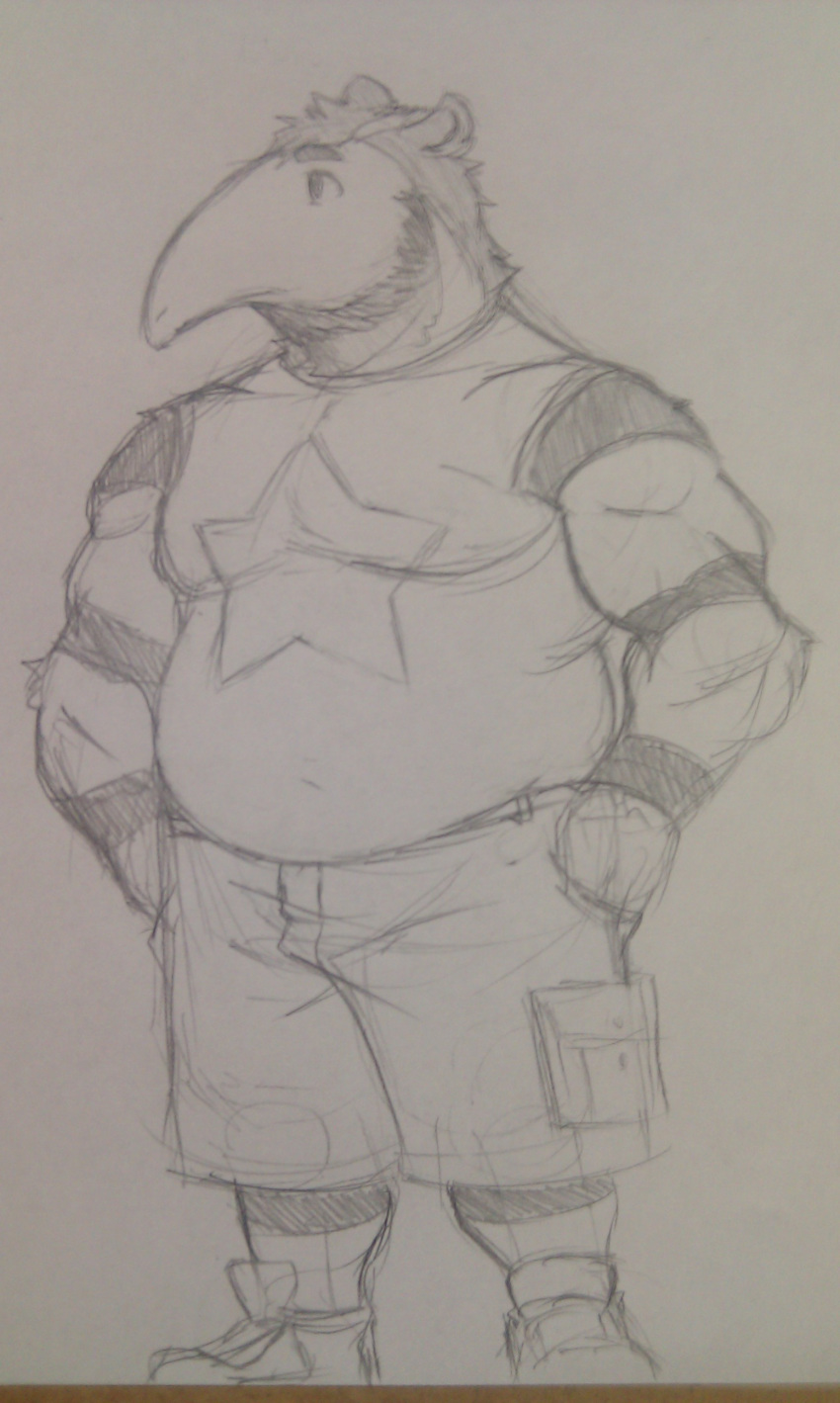 2014 absurd_res animal_crossing anteater anthro antonio_(animal_crossing) belly biceps biped cheek_tuft clothed clothing front_view full-length_portrait fur greyscale guide_lines hands_in_pockets head_tuft hi_res long_snout looking_away male mammal monochrome musclegut muscular muscular_male nintendo overweight overweight_male pencil_(artwork) plantigrade portrait shirt shorts simple_background sketch snout solo standing star striped_fur stripes t-shirt traditional_media_(artwork) tuft video_games white_background wkd