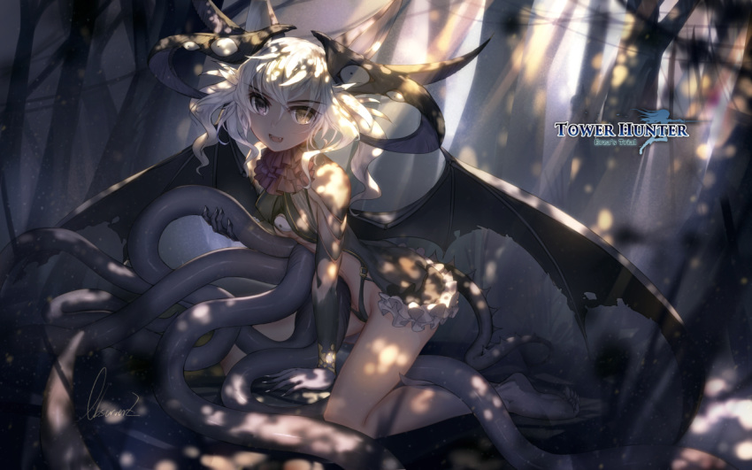 animal_ears barefoot breasts dappled_sunlight eyebrows_visible_through_hair fangs forest heterochromia horns kneeling long_hair looking_at_viewer monster_girl nature observerz official_art open_mouth original outdoors signature small_breasts solo sunlight tail tentacles tree white_hair wings