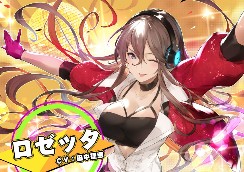 blush breasts brown_hair character_request choker cleavage collarbone commentary_request cosplay crop_top gloves granblue_fantasy hair_between_eyes headphones highres jacket kakage kirijou_mitsuru kirijou_mitsuru_(cosplay) large_breasts long_hair one_eye_closed open_clothes open_mouth open_shirt outstretched_arm persona persona_3 persona_3:_dancing_moon_night persona_dancing pink_gloves red_jacket rosetta_(granblue_fantasy) seiyuu_connection shirt short_sleeves tanaka_rie white_shirt