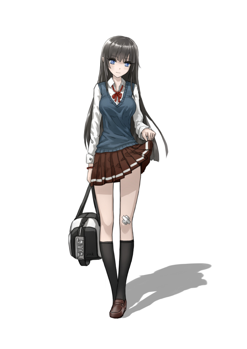 arm_at_side bag bandaid bandaid_on_knee bangs black_hair black_legwear blue_eyes blue_vest breasts brown_footwear brown_skirt closed_mouth collared_shirt duffel_bag eyebrows_visible_through_hair full_body highres holding holding_bag lifted_by_self loafers long_sleeves looking_at_viewer medium_breasts miniskirt original pleated_skirt red_ribbon ribbon school_uniform shadow shirt shoes si_(ruanmumu) simple_background skinny skirt skirt_lift slim_legs smile socks solo standing straight_hair sweater_vest thigh_gap vest white_background white_shirt
