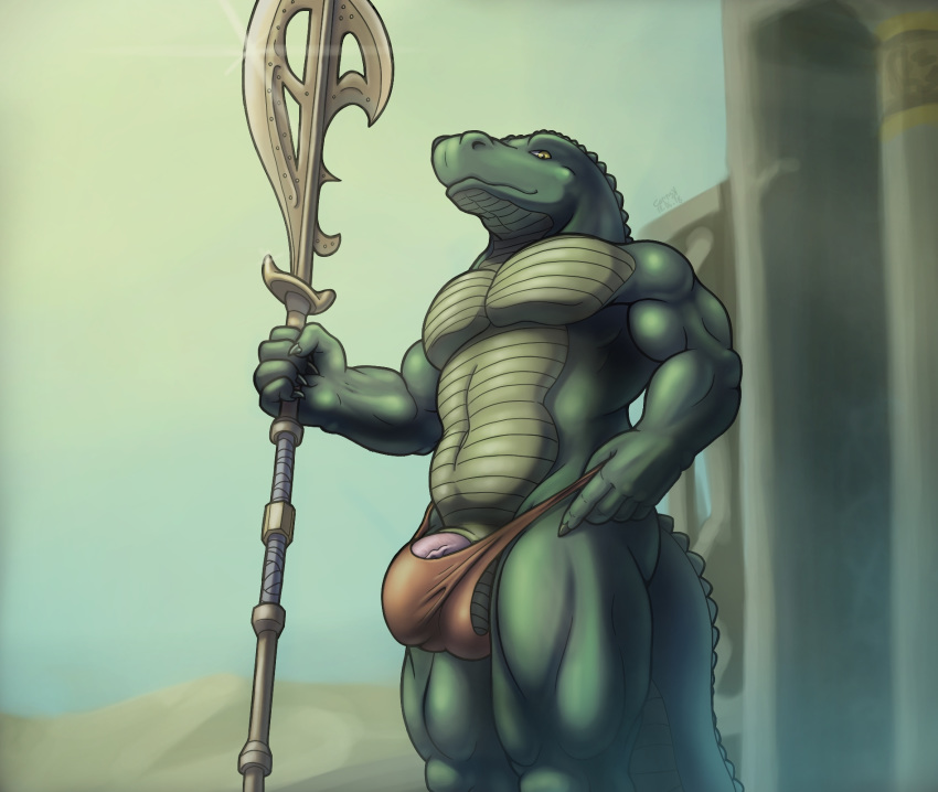 2018 5_fingers alternate_version_at_source anthro axe balls barely_contained biceps big_balls big_penis biped bulge clothed clothing corrsk crocodile crocodilian day deity detailed_background digital_media_(artwork) egyptian egyptian_mythology hi_res holding_object holding_weapon humanoid_penis looking_at_viewer male melee_weapon muscular muscular_male outside pecs penis penis_base penis_outline reptile scales scalie skimpy sky smile sobek solo standing topless underwear vein veiny_penis weapon