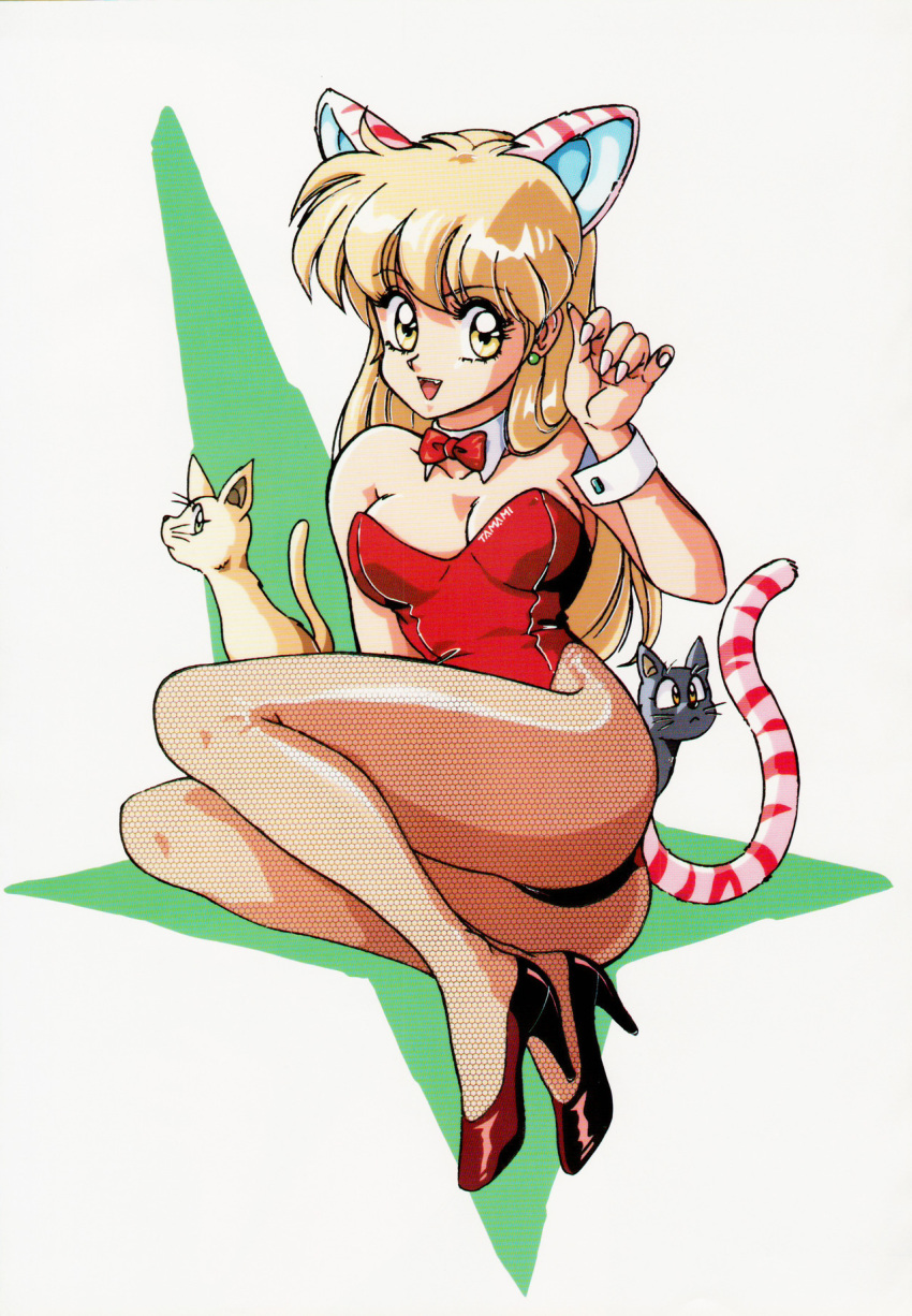 80s animal_ears ass blonde_hair breasts cat cat_ears cat_tail cleavage detached_collar earrings eyebrows_visible_through_hair fishnet_legwear fishnets high_heels highres jewelry leotard long_hair looking_at_viewer medium_breasts mon_mon oldschool open_mouth original pumps red_footwear red_leotard simple_background solo striped_tail tail twisted_torso upper_teeth white_background wrist_cuffs yellow_eyes