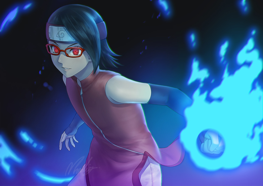 arm_warmers bare_shoulders black_background black_hair blurry boruto:_naruto_next_generations clenched_hand commentary english_commentary fire forehead_protector glasses glowing jacket looking_away naruto_(series) natsuyu parted_lips red-framed_eyewear red_eyes red_jacket sharingan short_hair shorts signature sleeveless_jacket solo standing uchiha_sarada white_shorts