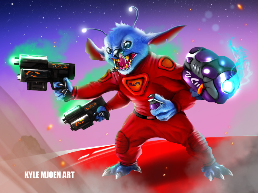 4:3 4_arms 4_fingers absurd_res alien black_claws black_nose blue_eyes blue_fur claws clothed clothing disney experiment_(species) explosives fur grenade hi_res kyle_mjoen lilo_and_stitch multi_arm multi_limb multi_wielding notched_ear picking_nose plasma_gun realistic slime solo space spacesuit standing stitch toe_claws tongue tongue_out weapon