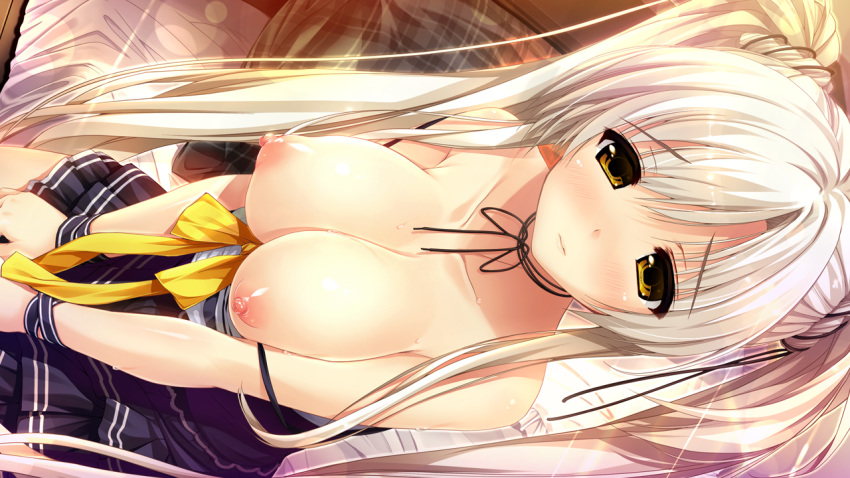 blush breasts clochette game_cg haruru_minamo_ni! hatagami_mei long_hair nipples no_bra shintaro skirt twintails wet white_hair yellow_eyes