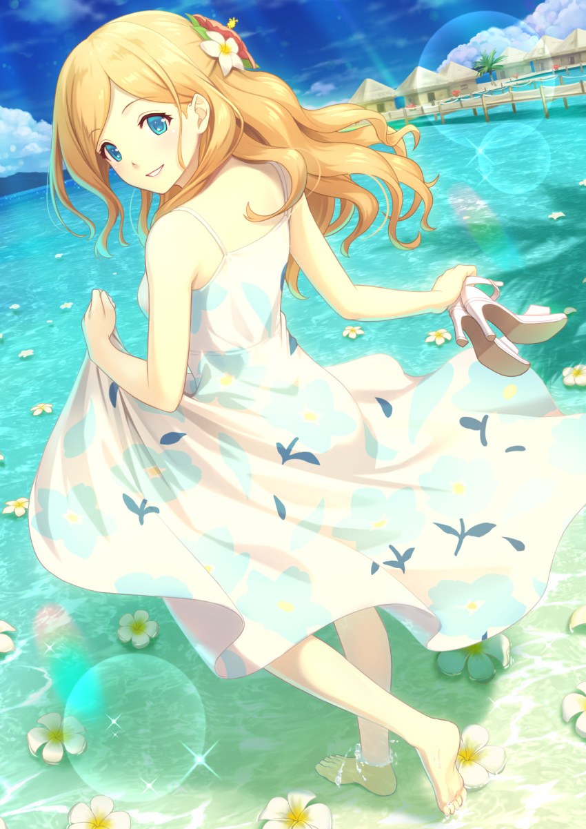 bangs bare_legs bare_shoulders barefoot beach blonde_hair blue_eyes blue_sky cloud cloudy_sky commentary_request day dress eyebrows_visible_through_hair flower hair_flower hair_ornament high_heels highres holding long_hair looking_at_viewer looking_back ocean original outdoors shinonome_haru sky sleeveless sleeveless_dress smile solo standing sundress sunlight water white_dress